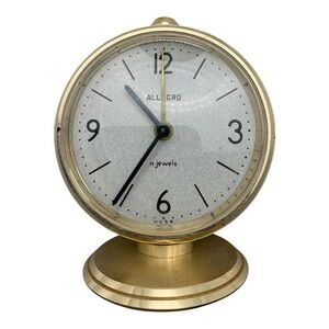 Vintage Allegro USSR Brass Desk Alarm Clock 11 Jewels Mechanical Wind-Up‎